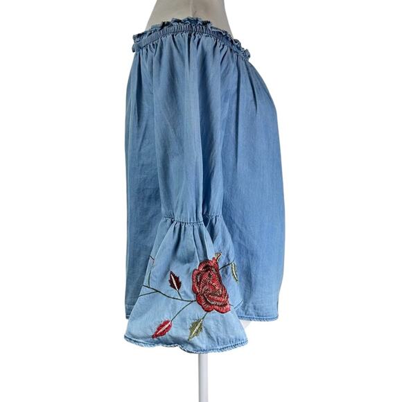 Speed Limit Mph Blue Off-Shoulder Embroidered Ruffle Sleeve Top Size M Cotton - Picture 3 of 9
